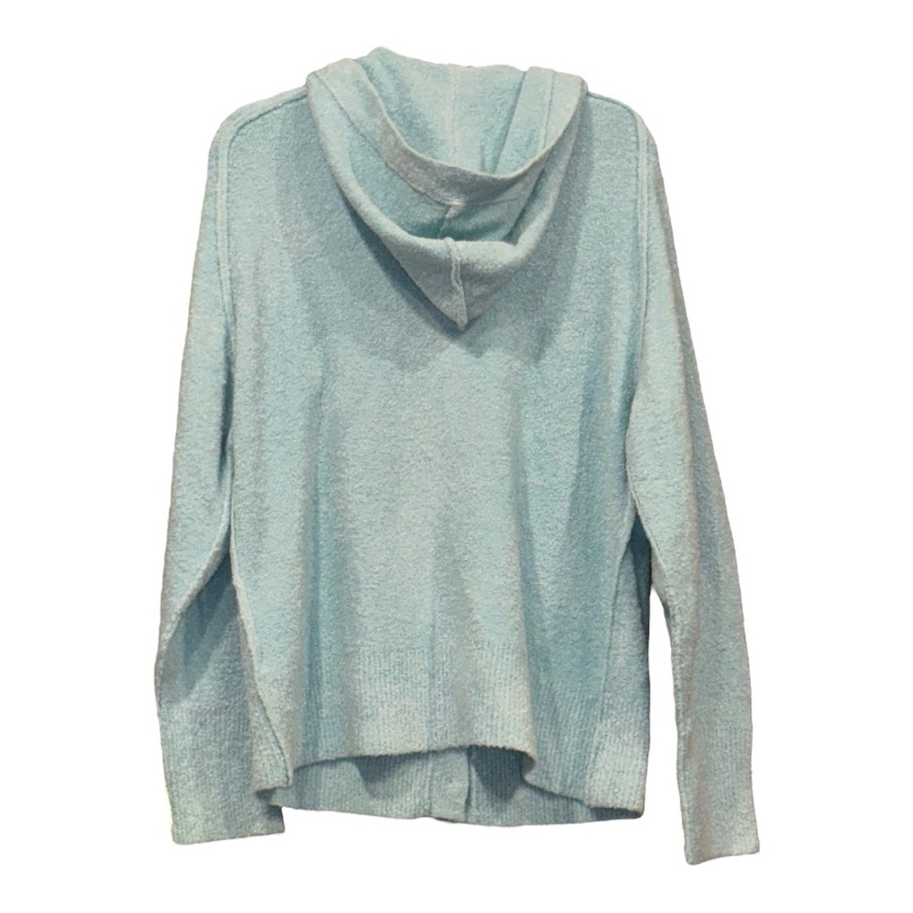 Fate Aqua Blue Button Up V-Neck Hooded Sweater w/wood tone buttons. Size L AR 5 - Picture 3 of 6